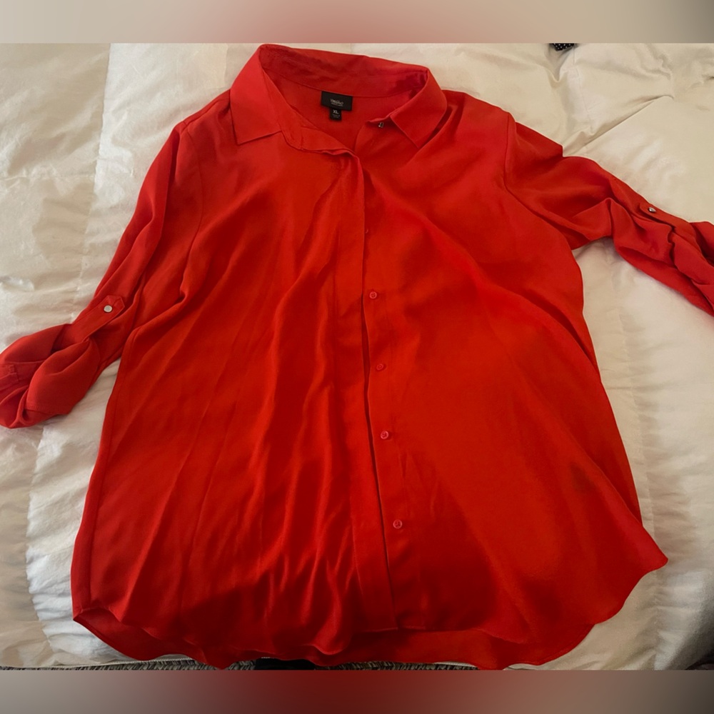Red button down cuff sleeve blouse